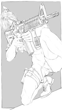 1boy abs absurdres aiming animal_ears cat_boy cat_ears cuntboy greyscale gun highres holding holding_gun holding_weapon holster holstered ibex leon_s._kennedy male_focus male_underwear monochrome muscular muscular_male nude pectorals pussy resident_evil resident_evil_4 resident_evil_4_(remake) short_hair solo squatting thigh_holster thighs thong underwear weapon