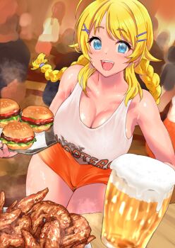 Rule 34 | alcohol, beer, beer mug, blonde hair, blue eyes, blurry, blurry background, braid, breasts, burger, cleavage, cup, dokiyuri, food, food focus, hachimiya meguru, hair ornament, hairclip, highres, hooters, idolmaster, idolmaster shiny colors, mug, open mouth, orange shorts, restaurant, shirt, short shorts, shorts, solo, sweat, tank top, thighs, white shirt, white tank top
