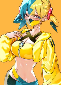 1girl 5oh5s2 bandeau blue_eyes breasts canari_(pokemon) cleavage commentary cropped_jacket eyelashes hand_up highres hood hood_down hooded_jacket jacket long_sleeves mask mouth_mask multicolored_hair nail_polish navel nintendo open_clothes open_jacket pants pokemon pokemon_legends:_z-a short_twintails simple_background solo twintails yellow_background yellow_bandeau yellow_jacket zipper zipper_pull_tab