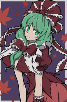 1girl absurdres bow breasts commentary_request frilled_ribbon frills front_ponytail hair_bow hair_ribbon highres kagiyama_hina looking_at_viewer nunogire red_bow red_ribbon red_shirt red_skirt ribbon shirt skirt solo touhou