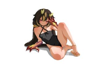 Rule 34 | 1girl, black hair, black one-piece swimsuit, breasts, brown sandals, casual one-piece swimsuit, claws, closed mouth, commentary, commission, double-parted bangs, dragon girl, dragon horns, english commentary, full body, green streaks, hair between eyes, hand up, highres, horns, legs, long hair, looking at viewer, multicolored hair, one-piece swimsuit, phase connect, pink eyes, sandals, sansha art, second-party source, simple background, small breasts, smile, solo, streaked hair, swimsuit, utatane nasa, virtual youtuber, white background