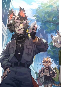 1boy 1girl aak_(arknights) angry arknights bag black_nails chinese_commentary choker city colored_sclera cross cross_necklace day eyewear_on_head furry furry_female furry_male furry_with_furry highres holding holding_bag jewelry lamppost mythological_creature necklace sweatdrop talking_on_phone tiger_girl tree waai_fu_(arknights) walking xiao_(creation0528) yellow_sclera