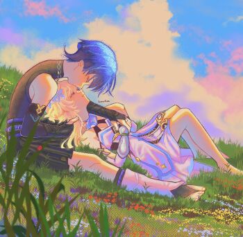1boy 1girl arm_cutout armor artist_name bare_shoulders barefoot belt between_legs black_belt black_bodysuit black_bridal_gauntlets black_shorts blonde_hair blue_hair blue_sky blue_trim blunt_ends bodysuit breasts bridal_gauntlets cleavage closed_eyes clothing_cutout cloud cloudy_sky couple detached_sleeves dress eyeliner eyeshadow facing_another fingernails flower genshin_impact glint grass hair_flower hair_ornament hakama hakama_shorts halterneck hand_in_another&#039;s_hair hand_on_own_stomach head_down hetero highres holding_hands japanese_armor japanese_clothes kiss kissing_forehead kote kurokote lap_pillow leg_warmers lumine_(genshin_impact) lying lying_on_person makeup mandarin_collar on_back on_grass open_hand outdoors pleated_shorts purple_rope purple_sash red_eyeliner red_eyeshadow rope sash scaramouche_(genshin_impact) scarf short_hair short_hair_with_long_locks shorts sidelocks sitting sky small_breasts springy_chan toeless_legwear toenails toes vambraces wanderer_(genshin_impact) white_dress white_flower white_leg_warmers white_scarf white_sleeves