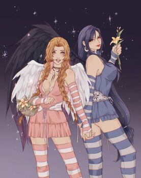 Rule 34 | 2girls, aerith gainsborough, alternate costume, bare shoulders, basket, black hair, black wings, blue dress, blue sleeves, blue thighhighs, braid, breasts, brown hair, choker, cleavage, closed mouth, cowboy shot, crescent, crescent earrings, detached sleeves, dress, earrings, feathered wings, feet out of frame, final fantasy, final fantasy vii, flower, flower basket, flower choker, green eyes, hair between eyes, hair over shoulder, hair tie, highres, holding, holding basket, holding flower, holding hands, jewelry, large breasts, lily (flower), long hair, low-tied long hair, medium breasts, multiple girls, open mouth, parted bangs, pink dress, pink sleeves, pink thighhighs, plunging neckline, red eyes, shanlieart, short dress, smile, sparkle, striped clothes, striped sleeves, striped thighhighs, thighhighs, tifa lockhart, twin braids, white sleeves, white thighhighs, white wings, wings, yellow flower, yuri, zettai ryouiki