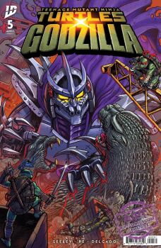 4boys claws colored_skin commentary cosplay crossover donatello_(tmnt) english_commentary giant giant_monster glowing glowing_eyes godzilla godzilla_(series) godzilla_vs._mechagodzilla highres holding jaw kaiju katana leonardo_(tmnt) mask matt_frank mecha mechagodzilla michelangelo_(tmnt) monster multiple_boys ninja no_humans nunchaku official_art open_mouth orange_mask raphael_(tmnt) robot sai_(weapon) sharp_teeth shredder_(tmnt) shredder_(tmnt)_(cosplay) spines staff sword tail teenage_mutant_ninja_turtles teenage_mutant_ninja_turtles_(idw) teeth toho turtle turtle_boy turtle_shell weapon yellow_eyes