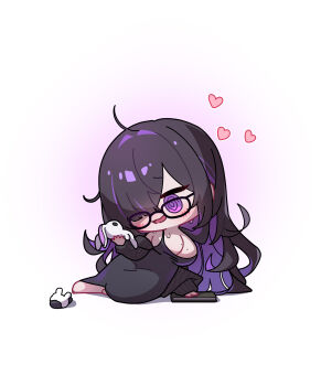 Rule 34 | 1girl, @ @, absurdres, ahoge, barefoot, black dress, black hair, black jacket, blush, book, breasts, chibi, colored inner hair, commentary, deformed, dress, full body, glasses, glowing, goddess of victory: nikke, hair intakes, hair over one eye, hand on book, hand up, hashtag-only commentary, heart, highres, holding, holding stuffed toy, jacket, label (nikke), large breasts, long hair, long sleeves, lying, messy hair, mole, mole on breast, multicolored hair, multiple moles, off shoulder, open mouth, parted bangs, purple eyes, purple hair, rabbit slippers, simple background, sleeveless, sleeveless dress, slippers, solo, spaghetti strap, stuffed animal, stuffed rabbit, stuffed toy, sweat, symbol-only commentary, uz (uzru0428), wavy mouth, white background