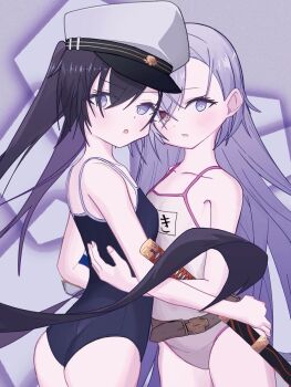 2girls belt black_hair black_one-piece_swimsuit commentary_request grey_eyes grey_hair grey_hat grey_one-piece_swimsuit hair_between_eyes hat heterochromia highres katana long_hair looking_at_viewer military_hat minus_(reverseblue) multiple_girls murasaki_(reverseblue) name_tag nietzsche_ssss one-piece_swimsuit peaked_cap purple_hair red_eyes reverseblue_x_re-birthend school_swimsuit swimsuit sword twintails very_long_hair weapon