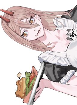 1girl apron brown_hair burger chainsaw_man cross-shaped_pupils demon_horns food food_on_face hair_between_eyes highres holding holding_tray horns kt_615 long_hair maid_apron power_(chainsaw_man) red_horns sideways simple_background solo symbol-shaped_pupils tray white_apron white_background yellow_eyes