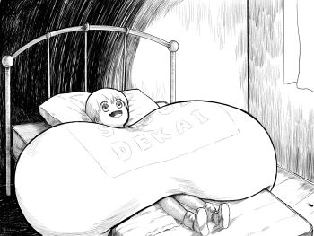 anatomical_nonsense bed_frame boots breasts bug cockroach curtains gigantic_breasts greyscale highres impossibly_large_breasts insect kawaiidebu lying monochrome on_back on_bed open_mouth pillow short_hair sugoi_dekai the_metamorphosis twitter_username uzaki-chan_wa_asobitai! uzaki_hana