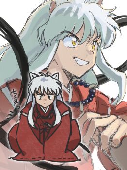 1boy absurdres animal_ears bead_necklace beads dog_ears fingernails grey_hair hashtag-only_commentary highres inuyasha inuyasha_(character) japanese_clothes jewelry kimono long_hair long_sleeves male_focus multiple_views necklace red_kimono sharp_fingernails sidelocks smile teeth very_long_hair white_background wide_sleeves yellow_eyes yomosu_ga6