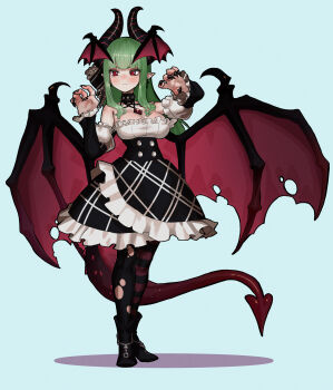1girl absurdres bare_shoulders black_boots black_choker black_dress black_horns black_nails black_pantyhose black_ribbon black_sleeves blue_background blunt_bangs boots breasts buttons choker claw_pose cleavage closed_mouth commentary_request commission cross cross_earrings demon_girl demon_horns demon_tail demon_wings detached_sleeves double-breasted dress earrings ekrea_jan fingernails freckles frilled_dress frilled_ribbon frilled_sleeves frills full_body gem green_hair hair_ribbon head_wings highres horns jewelry large_breasts long_fingernails long_hair original pantyhose pointy_ears red_eyes red_gemstone ribbon sharp_fingernails sidelocks skeb_commission solo spiked_choker spikes standing striped_clothes striped_pantyhose tail torn_clothes torn_pantyhose wings