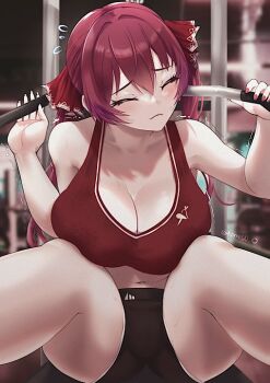 1girl bare_shoulders black_buruma blush breasts buruma cleavage closed_eyes collarbone exercising hair_ribbon hololive houshou_marine large_breasts long_hair navel red_hair red_ribbon red_sports_bra ribbon solo sports_bra thighs tinnies twintails virtual_youtuber