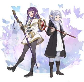 2girls black_boots black_coat black_pantyhose blunt_bangs blush boots brown_boots bug butterfly capelet coat commentary_request cosplay costume_switch dress fern_(sousou_no_frieren) frieren full_body gold_trim green_eyes grey_hair holding holding_staff insect long_hair long_sleeves looking_at_viewer mage_staff multiple_girls nyoro_(nyoronyoro000) open_clothes open_coat open_mouth pantyhose parted_bangs purple_hair raised_eyebrow shirt skirt smile sousou_no_frieren staff standing striped_clothes striped_shirt thick_eyebrows twintails white_capelet white_dress white_pantyhose white_skirt