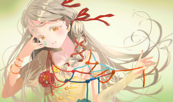 Rule 34 | 1girl, absurdres, blush, dress, floating hair, gakuen idolmaster, grey hair, hair ribbon, highres, idolmaster, light smile, long hair, looking at viewer, nail polish, orange eyes, parted lips, ribbon, shinosawa hiro, single bare shoulder, solo, superhoikoro, upper body