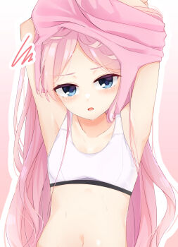 1girl alternate_costume armpits arms_up blue_eyes blush breasts cafe_stella_to_shinigami_no_chou collarbone commentary_request eyelashes frown hair_over_shoulder highres long_hair looking_at_viewer navel open_mouth outline parted_bangs pink_background pink_hair shioyama_suzune silver116 simple_background small_breasts solo sports_bra squiggle stomach sweat tsurime undressing upper_body v-shaped_eyebrows very_long_hair white_outline white_sports_bra