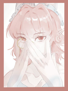 1girl absurdres adjusting_eyewear bare_shoulders border chinese_commentary collarbone commentary_request covering_own_mouth eyelashes eyeshadow fake_horns frilled_headwear hair_between_eyes hat highres horned_headwear horns infinity_nikki looking_at_viewer lulukko_(infinity_nikki) makeup medium_hair monocle nikki_(series) pink_eyeshadow pink_hair pointy_ears red_border red_eyes round_eyewear shirt simple_background solo strapless strapless_shirt upper_body white_arm_warmers white_background white_hat white_shirt wuwangwo88151 yellow-framed_eyewear