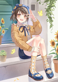 1girl :d absurdres beret black_skirt blue_hat blue_ribbon blue_shoes blush brown_eyes brown_hair bug butterfly cardigan commentary_request flower full_body ham3c hand_on_own_leg hand_up hat highres insect long_sleeves looking_at_viewer miniskirt neck_ribbon open_cardigan open_clothes open_mouth orange_cardigan orange_socks original plant potted_plant ribbon shirt shoes short_hair sitting sitting_on_stairs skirt smile socks solo stairs sunflower white_shirt yellow_butterfly yellow_flower
