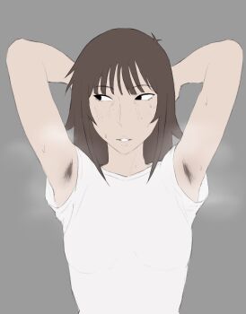 Rule 34 | 1girl, armpit hair, arms behind head, black eyes, blunt bangs, borrowed character, brown hair, commentary, english commentary, freckles, grey background, highres, jimiko, kara eklund, looking to the side, meruzis, original, shirt, simple background, smell, smelly armpits, solo, sweat, t-shirt, white shirt