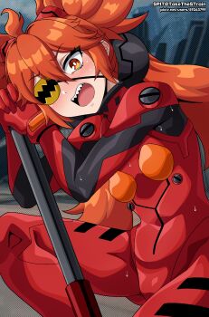 Rule 34 | 1girl, ahoge, alternate costume, bodysuit, commentary request, cosplay, eyepatch, gloves, hair between eyes, hair ornament, highres, holding, impossible bodysuit, impossible clothes, impossible leotard, interface headset (evangelion), koleda belobog, korean commentary, leotard, long hair, looking at viewer, mecha pilot suit, plugsuit (evangelion), red bodysuit, red eyes, red hair, skin tight, solo, sphere hair ornament, spit (takethestrain), twintails, zenless zone zero