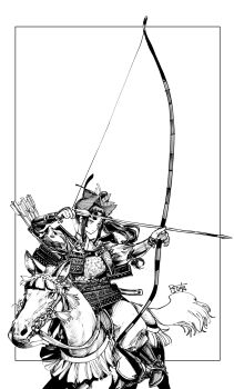 1girl alternate_costume armor arrow_(projectile) bow_(weapon) bridle dou fate/grand_order fate_(series) highres holding holding_bow_(weapon) holding_weapon horse horseback_riding japanese_armor kote kusazuri monochrome pirata_(gailtonatiu) ponytail quiver riding saddle shoulder_armor signature sode solo stirrups_(riding) suneate tekko ushiwakamaru_(fate) weapon