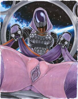 1girl adapted_costume black_bodysuit bodysuit bottomless breasts clitoris clothes_lift colored_pubic_hair colored_pussy colored_skin commentary covered_face english_commentary female_pubic_hair fewer_digits gluteal_fold helmet highres large_breasts lifting_own_clothes marker_(medium) mass_effect_(series) mass_effect_1 pov pov_crotch pubic_hair purple_hood purple_pubic_hair purple_pussy purple_skin purple_theme purple_thighhighs pussy quarian skin_tight skirt skirt_lift solo space spacecraft_interior spread_legs sukebe_1/3 tali&#039;zorah thighhighs traditional_media uncensored urethra window