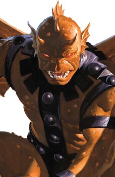 1boy absurdres alex_ross character_request colored_skin comic_cover cover cover_page fins harness head_fins highres horns looking_at_viewer male_focus marvel monster_boy muscular muscular_male official_art open_mouth red_eyes sharp_teeth solo squatting teeth western_comics_(style) white_background wings yellow_skin yellow_wings