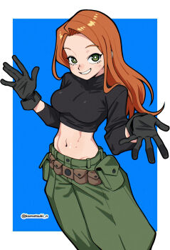 1girl absurdres artist_name belt black_gloves black_shirt blue_background border breasts bright_pupils brown_belt commentary cowboy_shot cropped_shirt gloves green_eyes green_pants grin highres kim_possible kim_possible_(series) komatsuki_n large_breasts long_hair looking_at_viewer midriff navel orange_hair outside_border pants shirt smile solo twitter_username white_border white_pupils