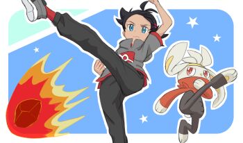 1boy animal_ears antenna_hair arm_up black_hair black_pants blue_background blue_eyes clenched_hand dark_skin fireball gen_8_pokemon goh_(pokemon) grey_footwear grey_shirt kicking leg_up nintendo outline pants pokemon pokemon_(anime) pokemon_journeys rabbit_ears raboot shirt shoes short_hair short_sleeves spiked_hair star_(symbol) utahara_kei