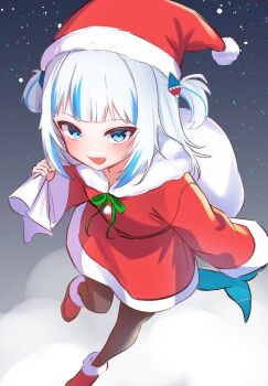 Rule 34 | 1girl, alternate costume, black pantyhose, blue eyes, blue streaks, commentary request, dress, fins, fish tail, fur-trimmed dress, fur-trimmed headwear, fur-trimmed shoes, fur trim, gawr gura, hair ornament, hat, highres, holding, holding sack, hololive, hololive english, medium hair, multicolored hair, open mouth, outdoors, pantyhose, red dress, red hat, red shoes, ryu160303, sack, santa costume, santa dress, santa hat, shark girl, shark hair ornament, shark tail, shoes, smile, snowing, solo, streaked hair, tail, two side up, virtual youtuber, white hair