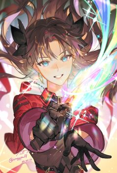 1girl angypuff black_gloves black_ribbon blue_eyes brown_hair cropped_jacket fate_(series) gem gloves honkai:_star_rail honkai_(series) jacket long_hair red_jacket ribbon rin's_pendant_(fate) smile solo tohsaka_rin tohsaka_rin_(honkai:_star_rail) twitter_username