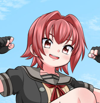 1girl black_gloves black_jacket blue_sky cloud commentary_request flexing gloves grey_sailor_collar hair_intakes jacket kantai_collection kinu_(kancolle) kinu_kai_ni_(kancolle) masara_(chuujou) partially_fingerless_gloves red_eyes red_hair sailor_collar short_hair sky solo upper_body