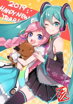 2019 2girls aqua_eyes aqua_hair aqua_skirt aqua_trim black_skirt black_sleeves black_thighhighs braid closed_mouth commentary_request detached_sleeves grey_shirt hair_between_eyes happy_new_year hatsune_miku headphones highres hug hugging_doll hugging_object long_hair long_sleeves looking_at_viewer mamo_(fortune-mm) miniskirt multiple_girls new_year one_eye_closed open_mouth pink_hair pleated_skirt shirt skirt sleeveless sleeveless_shirt stuffed_animal stuffed_toy teeth thighhighs twin_braids twintails upper_teeth_only very_long_hair vocaloid white_shirt wide_sleeves