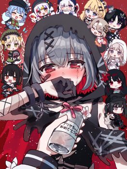 6+girls :d ^_^ animal_ear_headphones animal_ears bandaid bandaid_on_cheek bandaid_on_face black_bow black_gloves black_hat black_hoodie blonde_hair blue_eyes blue_hair blush blush_stickers bow braid braided_hair_rings can cat_ear_headphones cat_ears chibi closed_eyes closed_mouth commentary cup dot_nose dress fake_animal_ears flying_sweatdrops gloves green_bonnet green_dress grey_hair hair_bow hair_rings half_gloves hand_up hasumi_leia hat headphones highres hikami_meruru holding holding_can hood hood_up hoodie housho_margo jogasaki_noah kurobe_nanoka magical_girl mahou_shoujo_no_majo_saiban multicolored_hair multiple_girls natsume_an-an nene_man open_mouth parted_bangs pink_ribbon purple_eyes red_background red_eyes ribbon saeki_miria sakuraba_ema saucer sawatari_coco shito_alisa short_hair short_sleeves smile tachibana_sherry teacup twintails upper_body veil white_veil