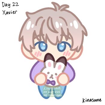 1boy artist_name blue_eyes blue_pants blush brown_hair character_name chibi commentary english_commentary english_text full_body highres kinasune long_sleeves looking_at_viewer love_and_deepspace male_focus messy_hair pants purple_shirt shirt short_hair signature simple_background solo standing straight-on watermark white_background xavier_(love_and_deepspace)