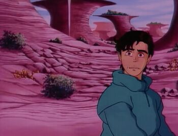 1990s_(style) 1992 1boy 1girl animated animated_gif armor ass bikini bikini_armor black_hair blush bracelet demon_girl eganko embarrassed flying green_hoodie hood hoodie huge_ass jewelry lowres norikazu_(youjuu_sensen_adventure_kid) retro_artstyle short_hair swimsuit tagme thong wide_hips youjuu_sensen_adventure_kid