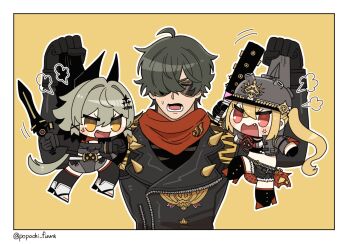 1boy 2girls anger_vein baseball_bat black_gloves black_helmet black_horns black_thighhighs border caesar_king_(zenless_zone_zero) chibi closed_eyes combat_helmet fang fur-trimmed_jacket fur-trimmed_shorts fur_trim gloves green_hair hair_intakes hair_ornament half_gloves helmet highres holding holding_baseball_bat holding_shield holding_sword holding_weapon horns jacket leather leather_jacket lighter_(zenless_zone_zero) long_hair luciana_de_montefio mask mask_around_neck micro_shorts multiple_girls open_mouth pickelhaube popochi_fuwa puff_of_air red_eyes red_scarf respirator scarf shield shorts shoulder_spikes side_ponytail spiked_jacket spikes sunglasses sweat sword thighhighs weapon white_border yellow_background yellow_eyes zenless_zone_zero