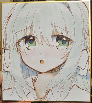 1girl :o absurdres blue_archive bow braid collared_shirt green_eyes grey_hair hair_between_eyes hair_bow highres kuriyuzu_kuryuu looking_at_viewer miyo_(blue_archive) parted_lips photo_(medium) shikishi shirt solo traditional_media upper_body white_bow white_shirt