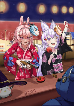 2girls ;d absurdres ahoge animal_ears bag black_kimono blush bow braid candy_apple character_mask colored_eyelashes commentary english_commentary fish floral_print floral_print_kimono food fox_ears fox_girl fox_tail fujikura_uruka gun h2osakana hair_bow hair_ornament hakushika_iori hat heart heart_hair_ornament highres holding holding_bag holding_food holding_gun holding_weapon japanese_clothes jiisokyun kimono lantern mask multiple_girls one_eye_closed open_mouth phase_connect phase_origins pink_hair pipkin_pippa print_kimono purple_eyes purple_hair rabbit_ears rabbit_girl rabbit_hair_ornament red_bow red_kimono rinkou_ashelia shisui_michiru smile star_(symbol) tail teeth tenma_maemi tongue upper_teeth_only utatane_nasa virtual_youtuber water weapon witch_hat