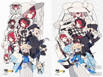 2boys 3girls :d ;d black_hat blonde_hair blue_eyes blue_kimono blunt_bangs bright_pupils chibi closed_mouth dango double-parted_bangs food frilled_hairband frills grey_eyes hair_between_eyes hair_over_one_eye hairband hakama haori hat highres holding holding_food holding_sword holding_weapon japanese_clothes kimono long_sleeves looking_at_viewer meimei_(wakamoid) mihuashi_username multiple_boys multiple_girls multiple_views one_eye_closed open_mouth original red_hair short_hair smile sword symbol-shaped_pupils wagashi weapon white_background white_hakama white_hat white_pupils wide_sleeves x-shaped_pupils