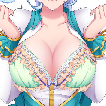 1girl :3 alternate_breast_size blue_hair bow bow_bra bra breast_growth breasts cleavage collarbone face_cutout green_bra highres lace lace-trimmed_bra lace_trim large_breasts light_blue_hair long_sleeves minase_juri omega_labyrinth_life open_clothes school_uniform short_hair simple_background twintails u35 underwear white_background