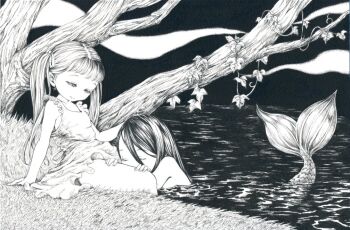 2girls black_hair closed_eyes collarbone commentary_request dress fins fish_tail frills grass greyscale hair_tie hand_on_floor headpat holding_another's_thighs in_water leaf merfolk mermaid monochrome monster_girl multiple_girls no_bra ocean original resting sato_(osappun) scales scenery smile tail tree twintails white_hair