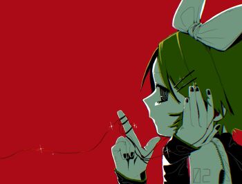 Rule 34 | 1girl, akaname (akaname 404), backlighting, blonde hair, bow, cable around finger, commentary request, earphones, from side, glint, hair bow, hair ornament, hairclip, hand on own cheek, hand on own face, highres, kagamine rin, looking at viewer, negative space, profile, red background, ringed eyes, short hair, solo, upper body, vocaloid