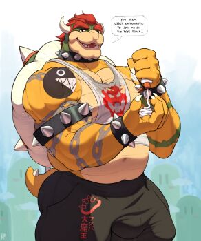 Rule 34 | 1boy, absurdres, arm tattoo, armlet, bara, belly, biceps, black shorts, bottle, bowser, bracelet, bulge, claws, collar, commentary, covered testicles, english commentary, english text, erection, erection under clothes, fangs, fat, fat man, furry, furry male, highres, holding, holding bottle, horns, jewelry, looking at viewer, lotion, lotion bottle, male focus, mario (series), muscular, muscular male, navel, nintendo, open mouth, pectoral cleavage, pectorals, red hair, repzzmonster, shorts, signature, smile, speech bubble, spiked armlet, spiked bracelet, spiked collar, spiked shell, spiked tail, spikes, tail, tank top, tattoo, white tank top