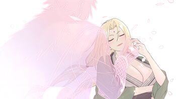 1boy 1girl blonde_hair blush breasts commentary_request facial_mark forehead_mark ghost highres japanese_clothes jiraiya_(naruto) kimono korean_commentary large_breasts long_hair mature_female naruto_(series) nuhaudon spirit tall_male tsunade_(naruto)