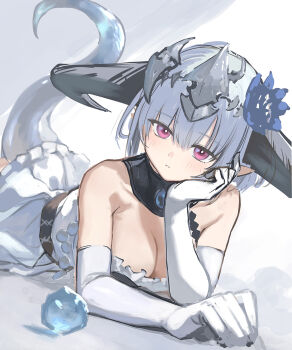 1girl blue_flower breasts cleavage commentary_request crystal_tail dragon_girl dress filene_(shadowverse) flower hair_ornament highres horns looking_at_viewer pointy_ears ponzu_(catponz) shadowverse solo tail