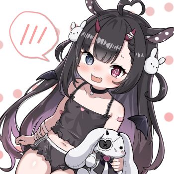 1girl 1other 2023 @_@ ahoge bandaged_forearm bandaid bandaid_on_arm bare_shoulders bat_wings belly black_hair black_panties black_shirt blush choker clavicles fang flat_chest heart heart_ahoge heart_choker heterochromia highres holding holding_toy horns indie_virtual_youtuber kamiru_runa loli long_hair navel nose_blush open_mouth panties rabbit_ears shakura02 shirt solo spoken_blush stuffed_animal stuffed_rabbit stuffed_toy thick_thighs thighs toy twintails underwear vampire virtual_youtuber white_background white_rabbit_(animal) wings