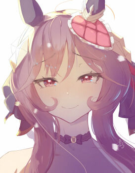 1girl animal_ears bare_shoulders black_bow bow braid braided_hair_rings breasts brown_hair closed_mouth commentary_request ear_covers ear_ornament gentildonna_(regina_dei_fiori)_(umamusume) gentildonna_(umamusume) hair_between_eyes hair_ornament hair_rings heart-shaped_ornament heart_ear_ornament highres horse_ears horse_girl long_hair looking_at_viewer orusun portrait red_eyes simple_background smile solo umamusume