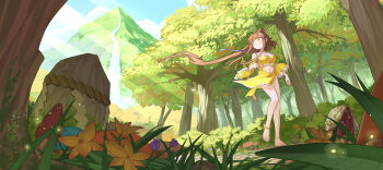 1girl absurdres anklet barefoot blue_sky breasts brown_hair cleavage clothing_cutout cloud cloudy_sky commentary_request day detached_sleeves dress flower forest highres jewelry large_breasts long_hair mountain nature outdoors river rope satsuki_rin scenery sheath sheathed shimenawa sky solo stomach_cutout sun sword touhou tree very_long_hair weapon yazato_ichimushi yellow_dress yellow_sleeves