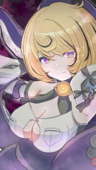 Rule 34 | 1girl, accessories, blonde hair, breasts, cleavage cutout, clothing cutout, detached sleeves, green pupils, hat, highres, kurone sc, large breasts, looking at viewer, mole, mole under mouth, octopus girl, purple eyes, short hair, smile, solo, sticker, tentacle tail, tentacles, yidhari murphy, zenless zone zero