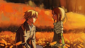 Rule 34 | 1boy, 1girl, ahoge, brown hair, clannad, dress, eye contact, father and daughter, field, flower, flower field, green dress, green eyes, kaoru puripuri, looking at another, lucy greyrat, mushoku tensei, orange flower, ponytail, red eyes, rudeus greyrat, squatting, sunset, warm colored